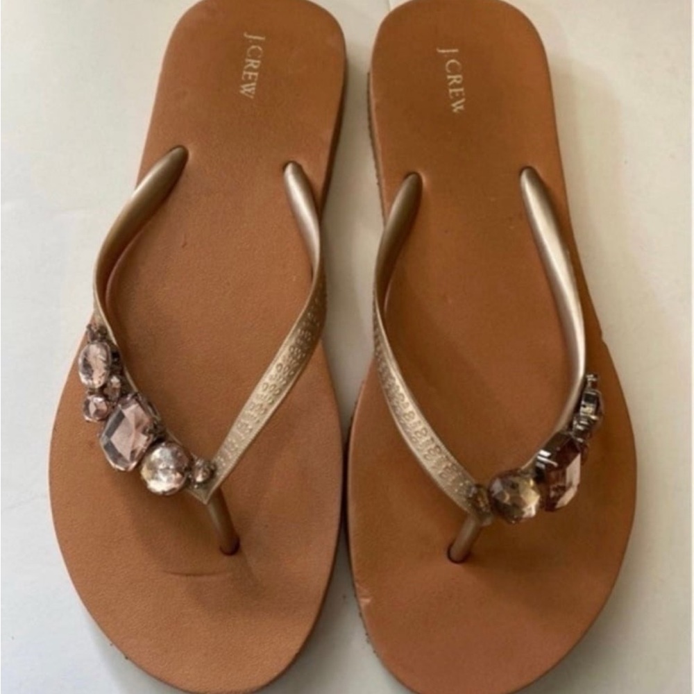 J. Crew Women's Tan Sandals with Gem Accents